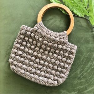 70s Wool & Wood Popcorn Hand Bag Purse with Hoop Handles, 22” taupe